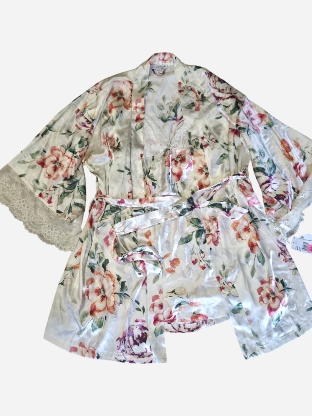 Floral Lace Trim Satin Robe Set - White with Pink & Green Floral